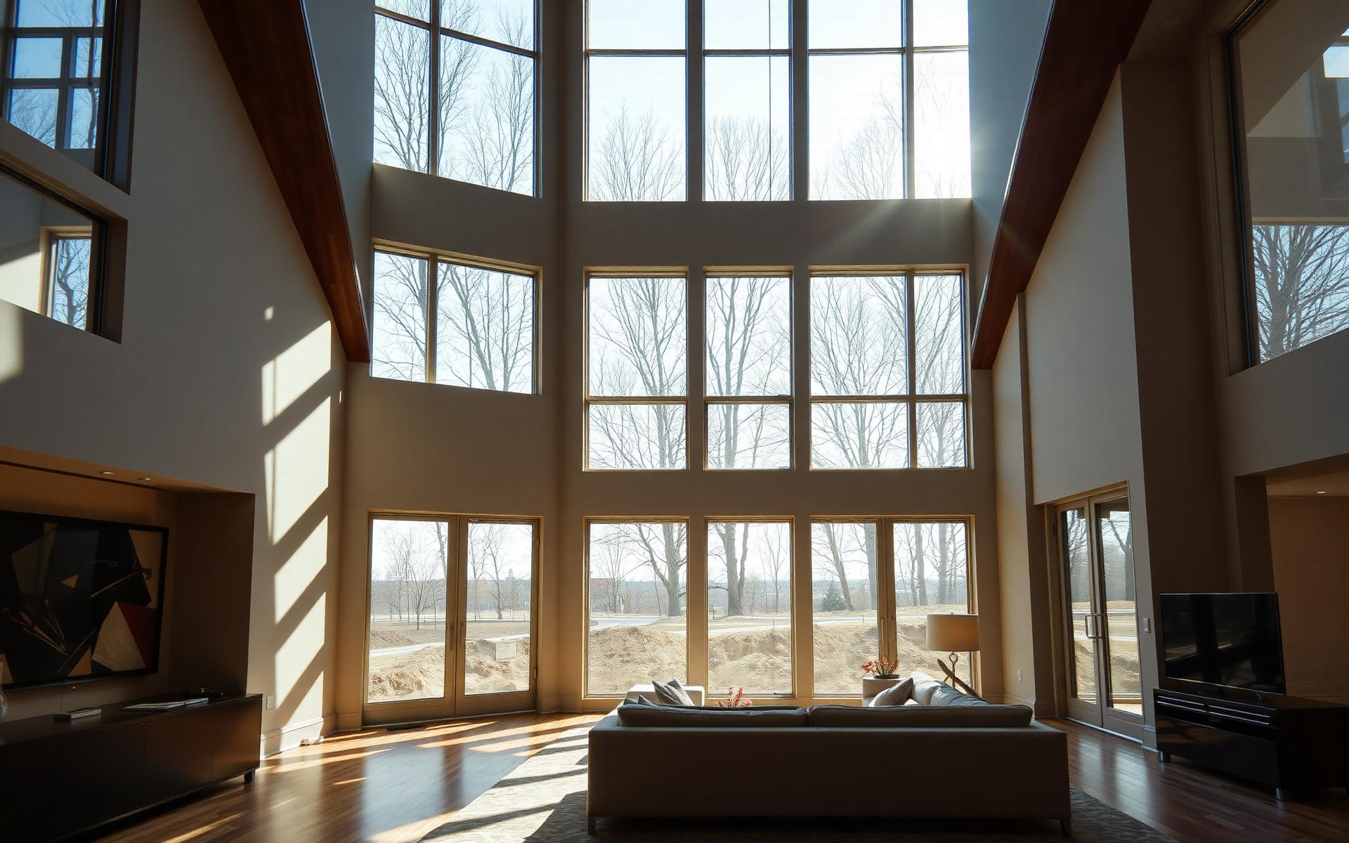 Bright residential interior with expansive windows