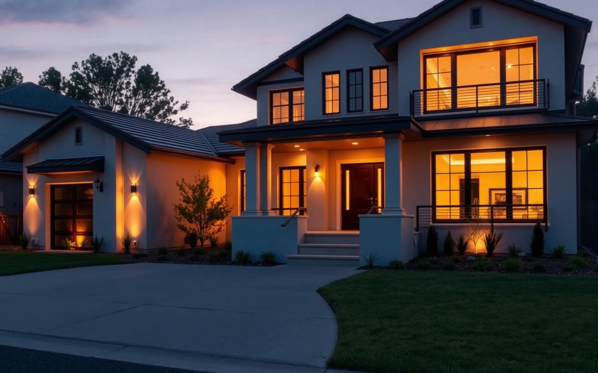 Finished custom residential construction at dusk